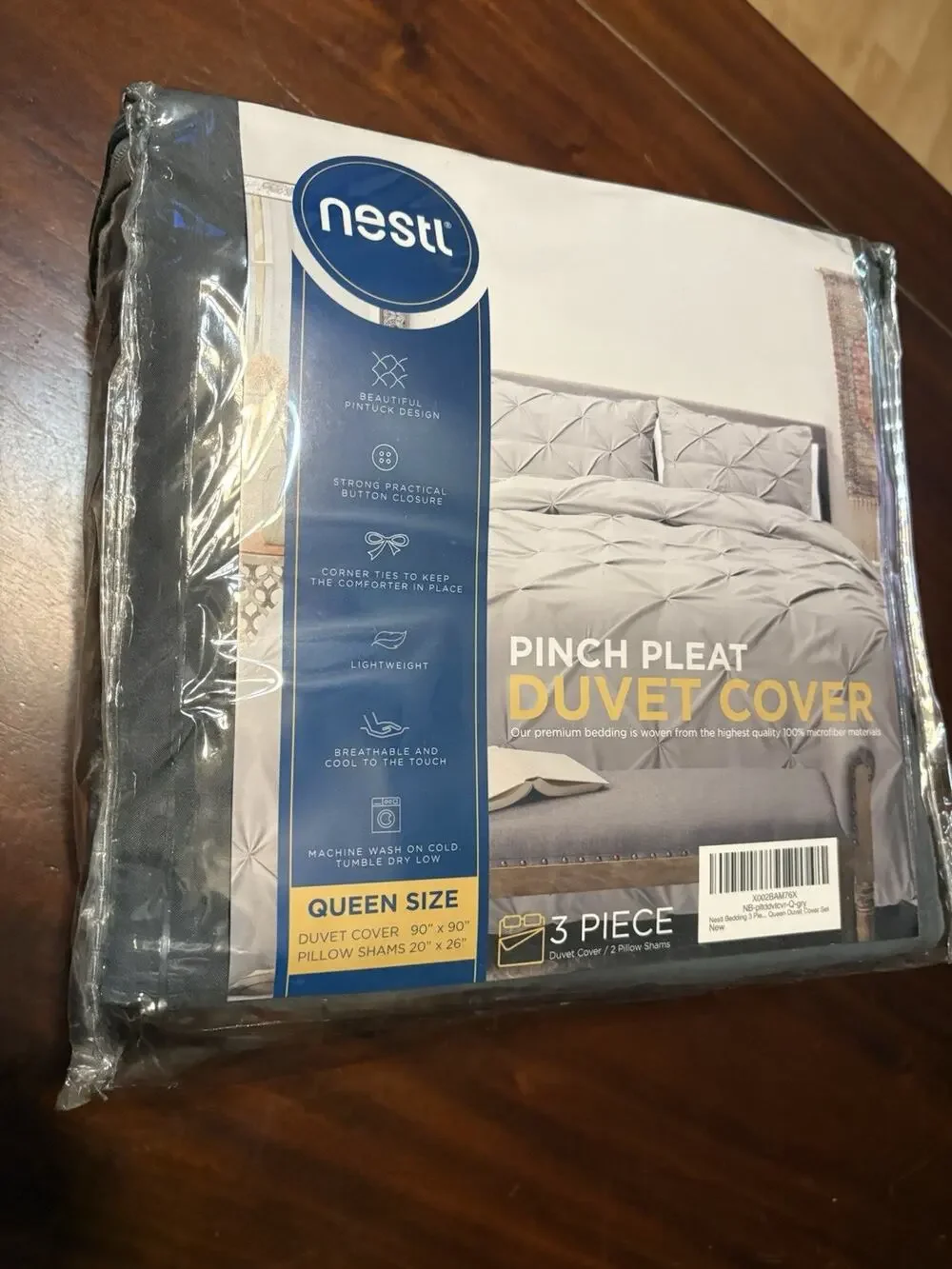 Nestl Pinch Pleat Queen Gray Microfiber Duvet Cover Set 3pc Button Closure